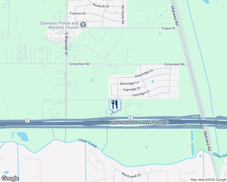 map of restaurants, bars, coffee shops, grocery stores, and more near 13938 Enridge Lane in Houston