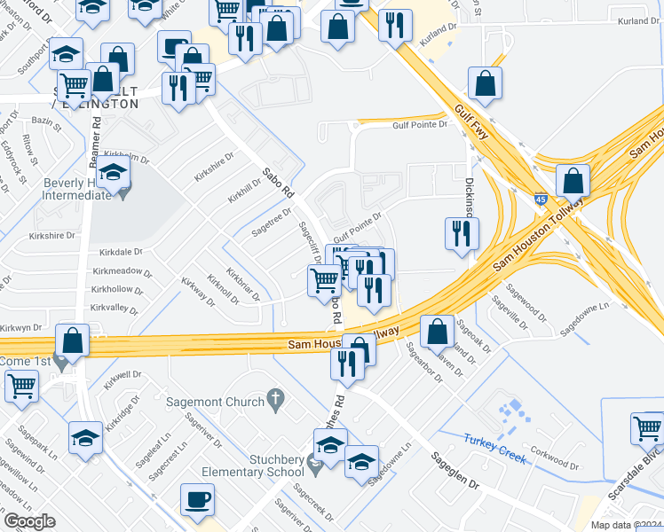 map of restaurants, bars, coffee shops, grocery stores, and more near 12031 Sagecliff Drive in Houston