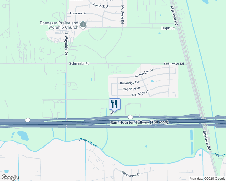 map of restaurants, bars, coffee shops, grocery stores, and more near 13938 Enridge Lane in Houston