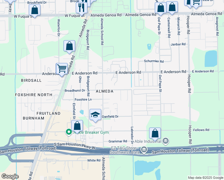 map of restaurants, bars, coffee shops, grocery stores, and more near 223 Broadhurst Drive in Houston