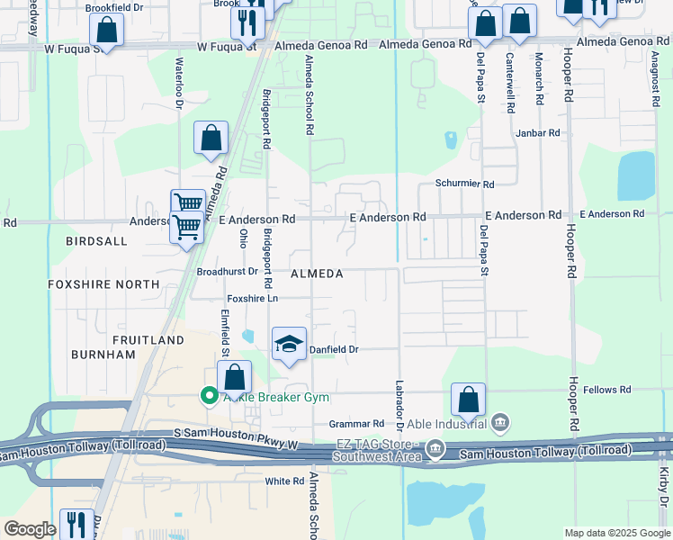 map of restaurants, bars, coffee shops, grocery stores, and more near 223 Broadhurst Drive in Houston