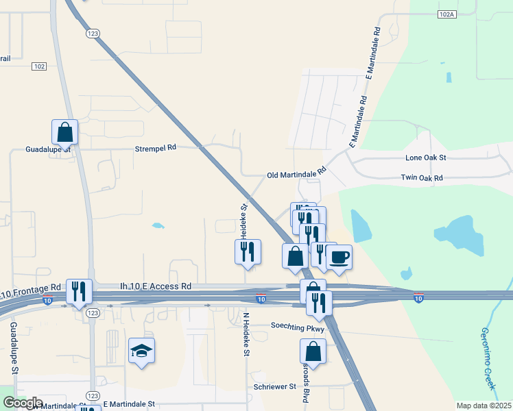 map of restaurants, bars, coffee shops, grocery stores, and more near 2615 Texas 123 in Seguin
