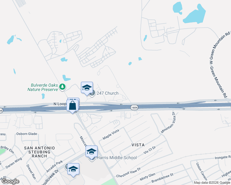 map of restaurants, bars, coffee shops, grocery stores, and more near 5425 North Loop 1604 East in San Antonio