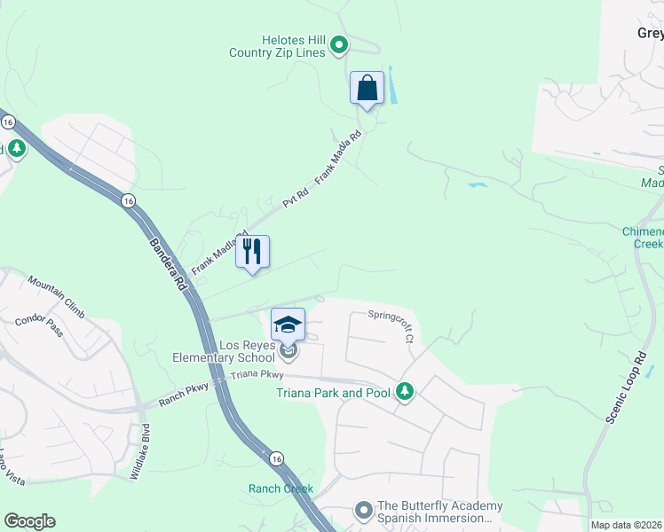 map of restaurants, bars, coffee shops, grocery stores, and more near 17212 Texas 16 in Helotes
