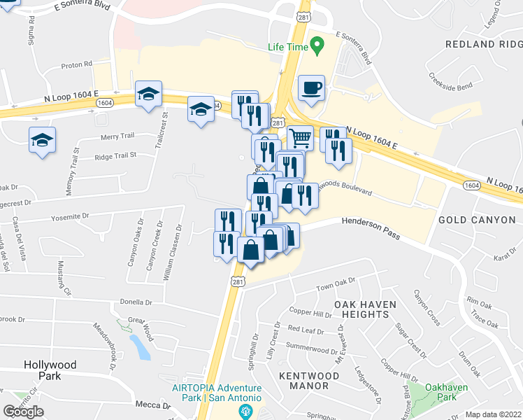 map of restaurants, bars, coffee shops, grocery stores, and more near 18030 San Pedro Avenue in San Antonio