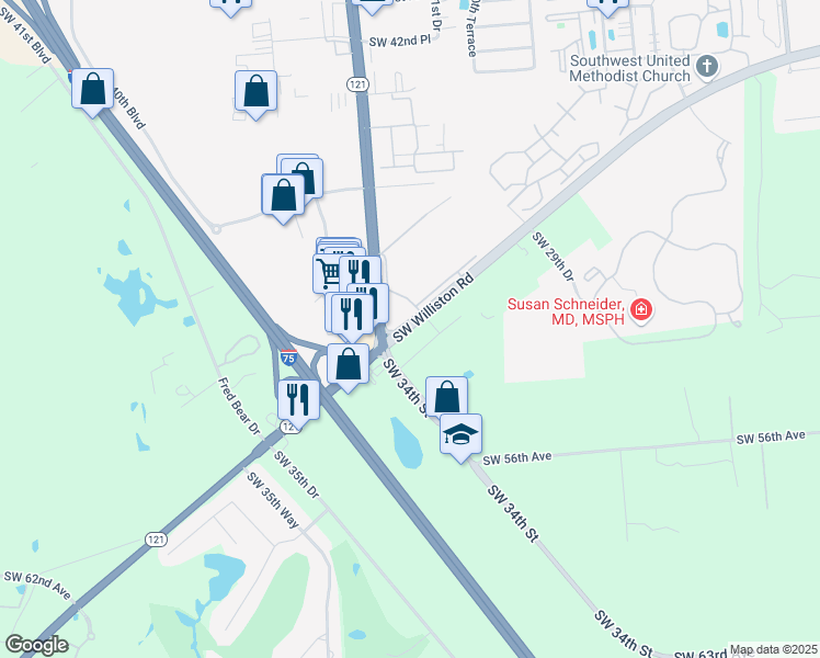 map of restaurants, bars, coffee shops, grocery stores, and more near 2501-2685 Southwest Williston Road in Gainesville