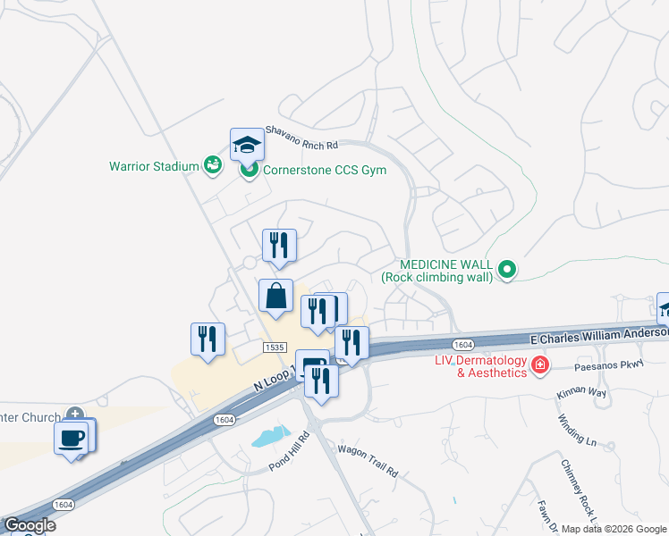 map of restaurants, bars, coffee shops, grocery stores, and more near 4122 Woodbridge Way in San Antonio