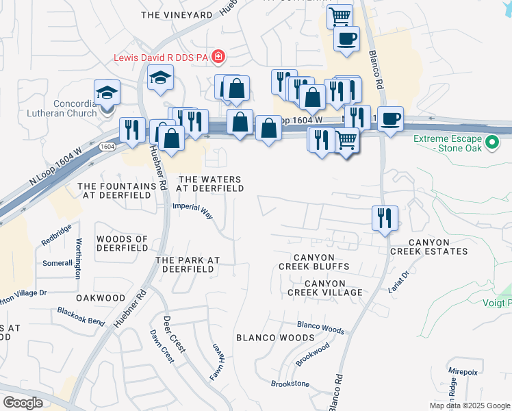 map of restaurants, bars, coffee shops, grocery stores, and more near 1479 Bluff Forest in San Antonio