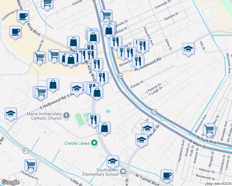 map of restaurants, bars, coffee shops, grocery stores, and more near 120 Tucker Street in Houma