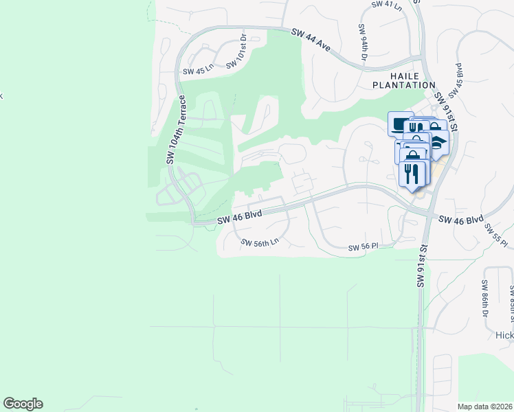 map of restaurants, bars, coffee shops, grocery stores, and more near 10047 Southwest 52nd Road in Gainesville