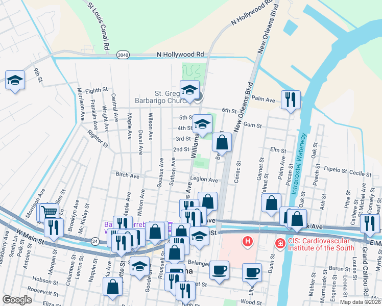 map of restaurants, bars, coffee shops, grocery stores, and more near 605 Williams Avenue in Houma
