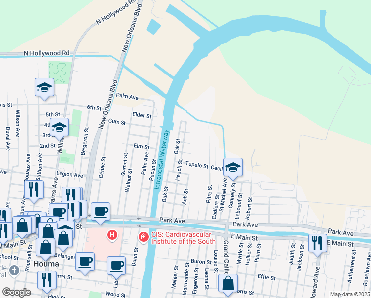 map of restaurants, bars, coffee shops, grocery stores, and more near 1200-1298 Gibbons Street in Houma