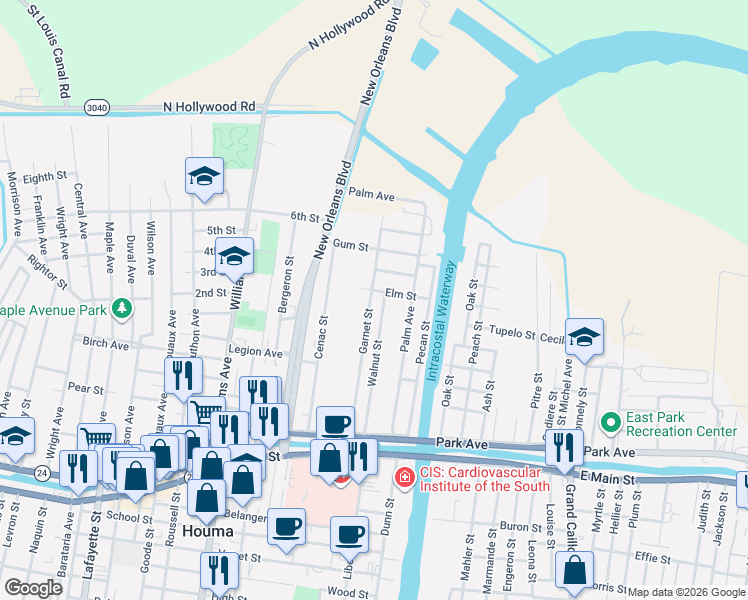 map of restaurants, bars, coffee shops, grocery stores, and more near 274 Garnet Street in Houma