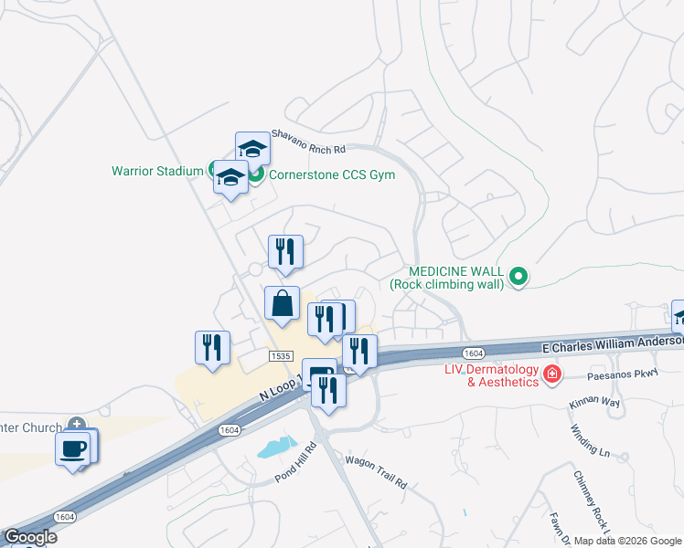 map of restaurants, bars, coffee shops, grocery stores, and more near 4122 Woodbridge Way in San Antonio