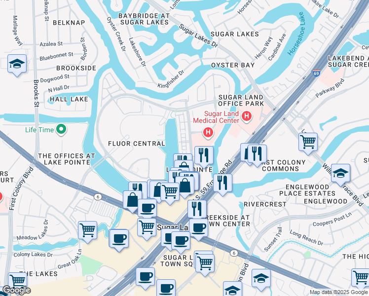map of restaurants, bars, coffee shops, grocery stores, and more near 1368 Lake Pointe Parkway in Sugar Land