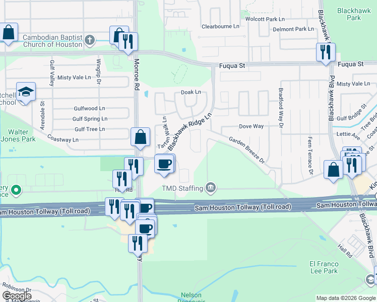 map of restaurants, bars, coffee shops, grocery stores, and more near 11030 Great Hawk Lane in Houston