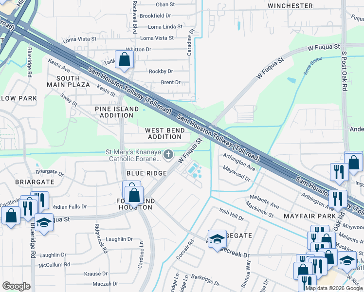map of restaurants, bars, coffee shops, grocery stores, and more near 6323 West Bend Street in Houston