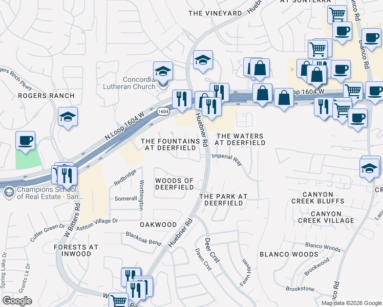 map of restaurants, bars, coffee shops, grocery stores, and more near 17311 Fountain Mist in San Antonio