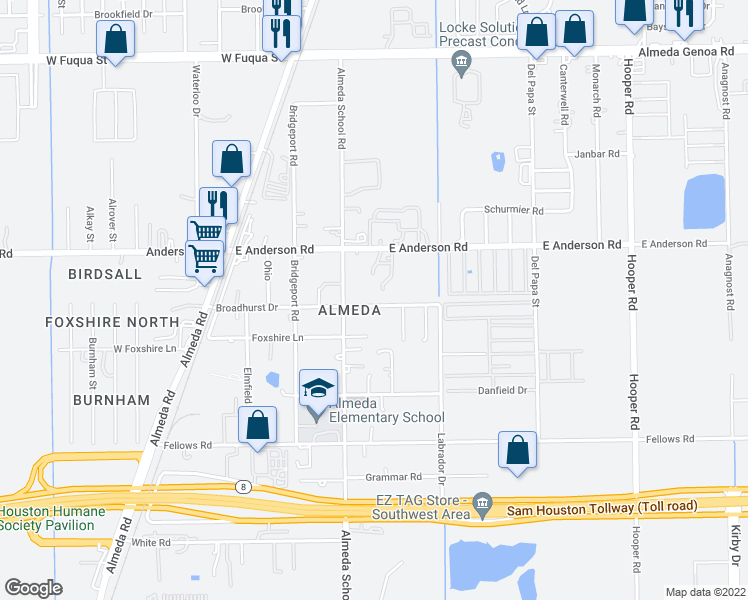 map of restaurants, bars, coffee shops, grocery stores, and more near 223 Broadhurst Drive in Houston