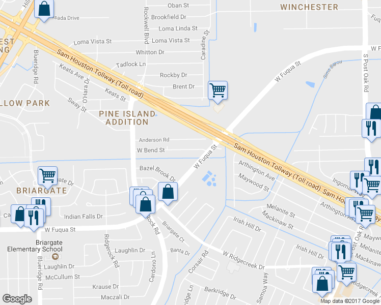 map of restaurants, bars, coffee shops, grocery stores, and more near 6323 West Bend Street in Houston