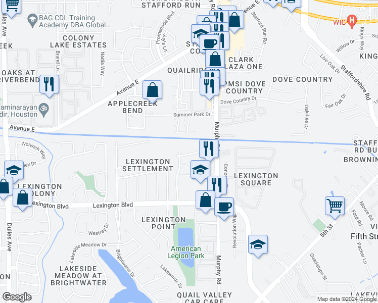 map of restaurants, bars, coffee shops, grocery stores, and more near 3930 Calgary Circle in Missouri City