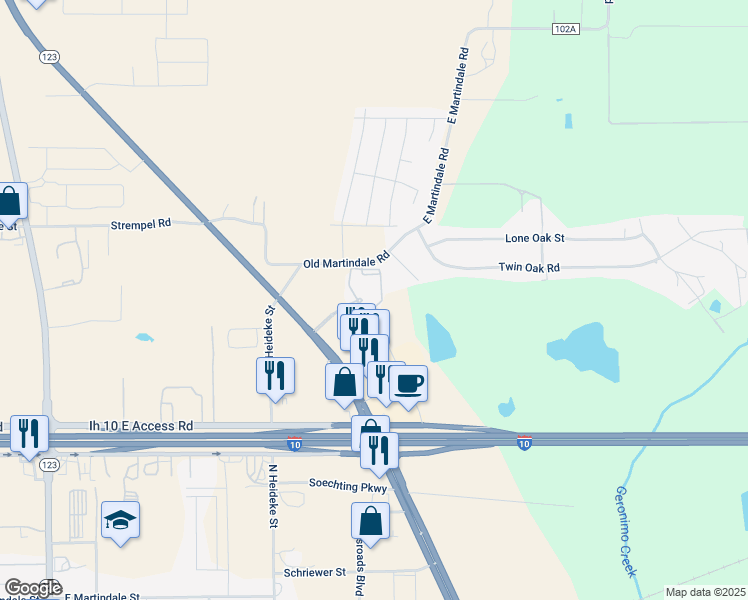 map of restaurants, bars, coffee shops, grocery stores, and more near 3063 Texas 123 in Seguin