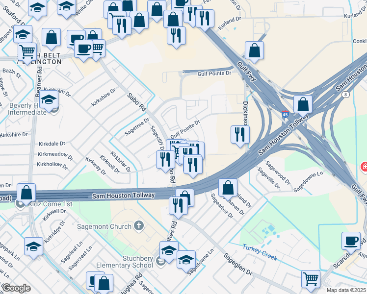 map of restaurants, bars, coffee shops, grocery stores, and more near 11666 Gulf Pointe Drive in Houston
