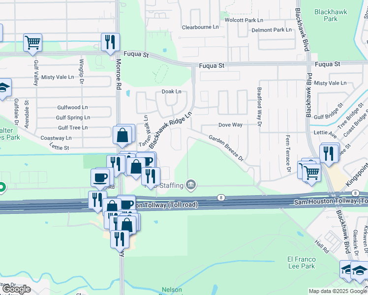 map of restaurants, bars, coffee shops, grocery stores, and more near 11118 Great Hawk Lane in Houston