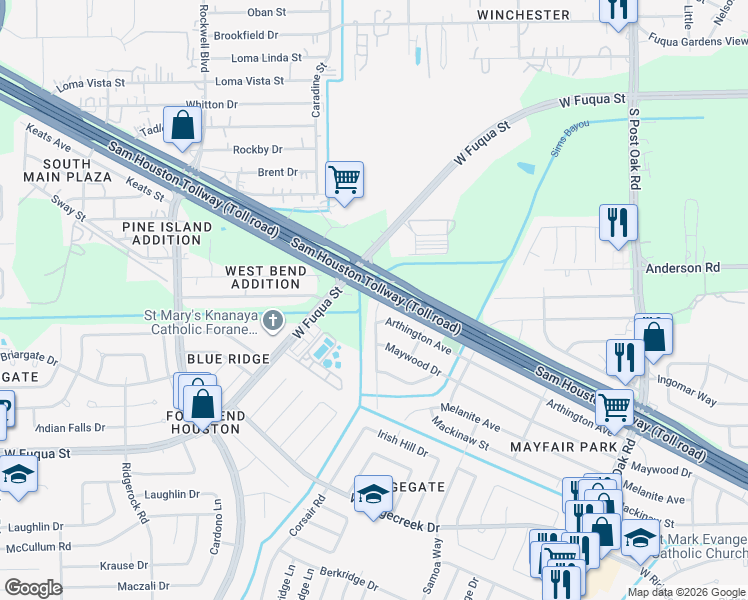 map of restaurants, bars, coffee shops, grocery stores, and more near 15318 Corsair Road in Houston
