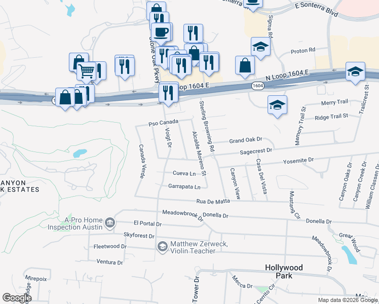 map of restaurants, bars, coffee shops, grocery stores, and more near 504 Sagecrest Drive in San Antonio