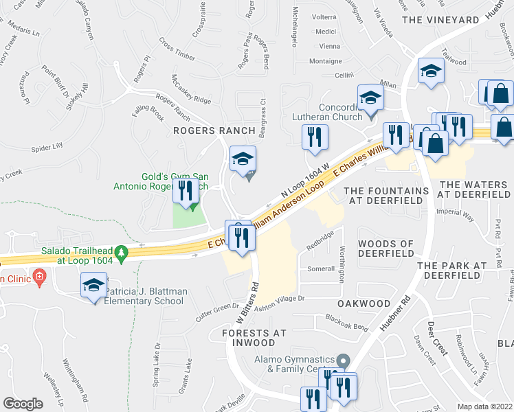 map of restaurants, bars, coffee shops, grocery stores, and more near 2511 North Loop 1604 West in San Antonio