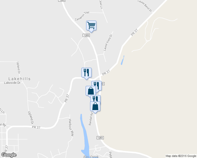 map of restaurants, bars, coffee shops, grocery stores, and more near 9336 Park Road 37 in Lakehills