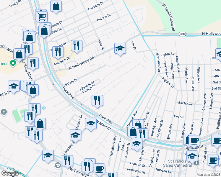 map of restaurants, bars, coffee shops, grocery stores, and more near 100-312 St Paul St in Houma