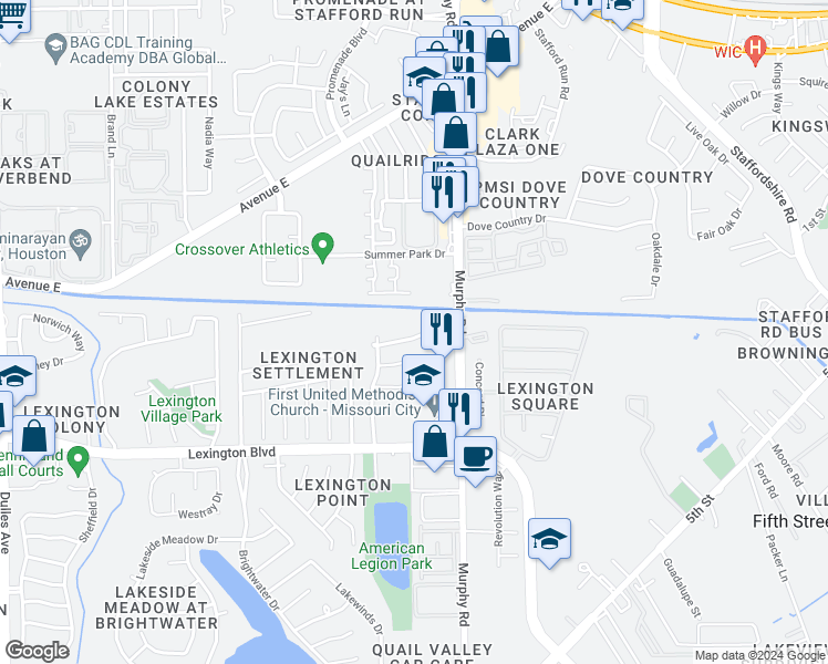map of restaurants, bars, coffee shops, grocery stores, and more near 3902 Calgary Circle in Missouri City