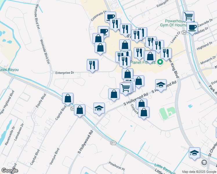 map of restaurants, bars, coffee shops, grocery stores, and more near 100 Belmere Luxury Court in Houma