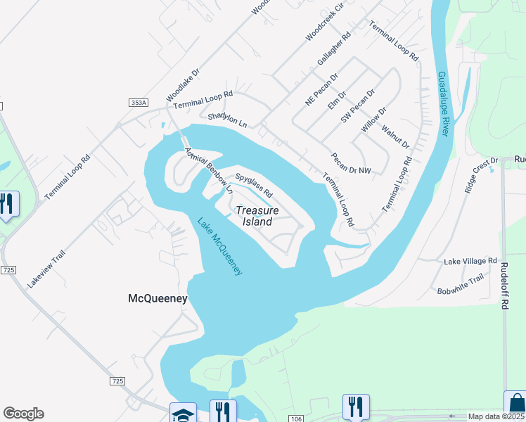 map of restaurants, bars, coffee shops, grocery stores, and more near 114 Rest Haven Street in McQueeney