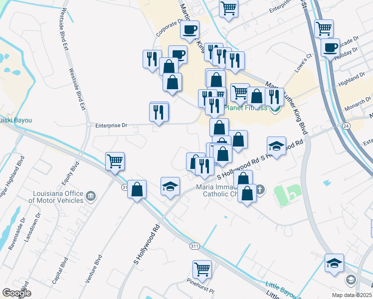 map of restaurants, bars, coffee shops, grocery stores, and more near 223 Belmere Luxury Court in Houma