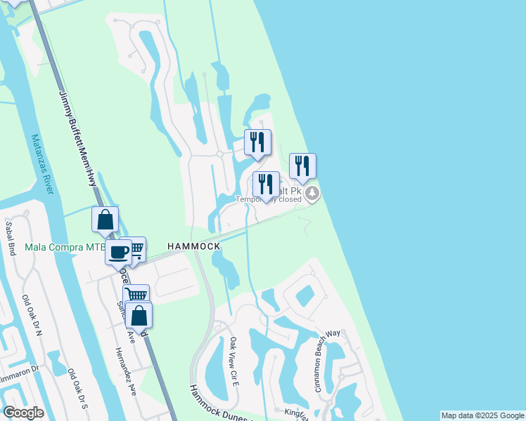 map of restaurants, bars, coffee shops, grocery stores, and more near 5 Ocean Crest Way in Palm Coast