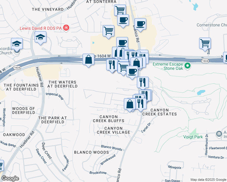 map of restaurants, bars, coffee shops, grocery stores, and more near 17123 Blanco Trail in San Antonio