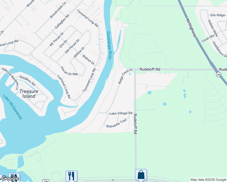 map of restaurants, bars, coffee shops, grocery stores, and more near 295 Ridge Crest Drive in Seguin
