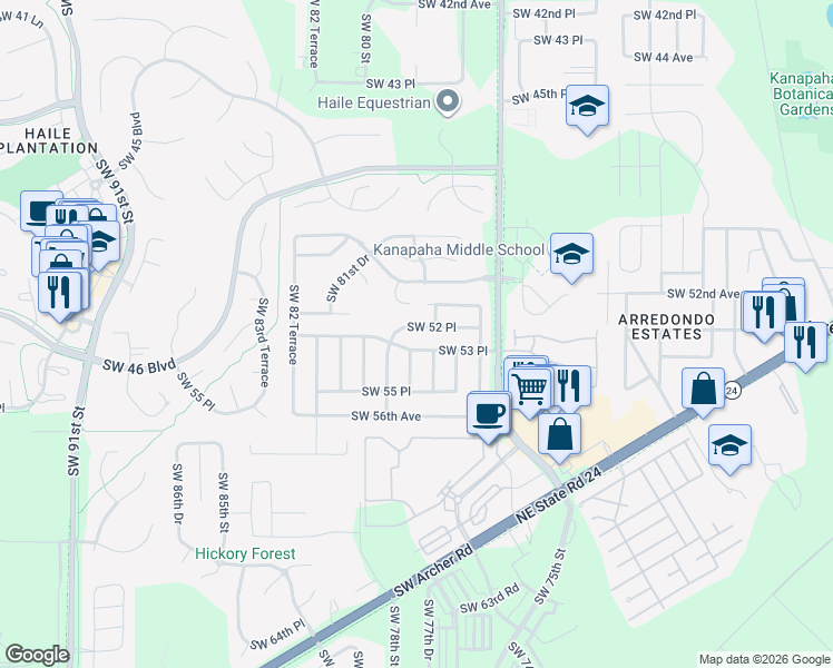 map of restaurants, bars, coffee shops, grocery stores, and more near 7737 Southwest 52 Place in Gainesville