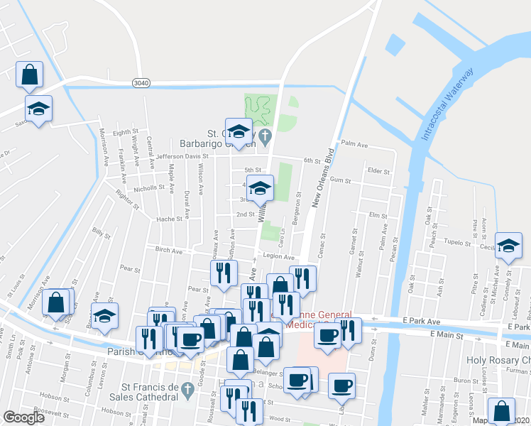 map of restaurants, bars, coffee shops, grocery stores, and more near 710 Williams Avenue in Houma