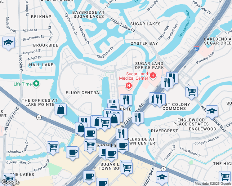 map of restaurants, bars, coffee shops, grocery stores, and more near 1326 Lake Pointe Parkway in Sugar Land