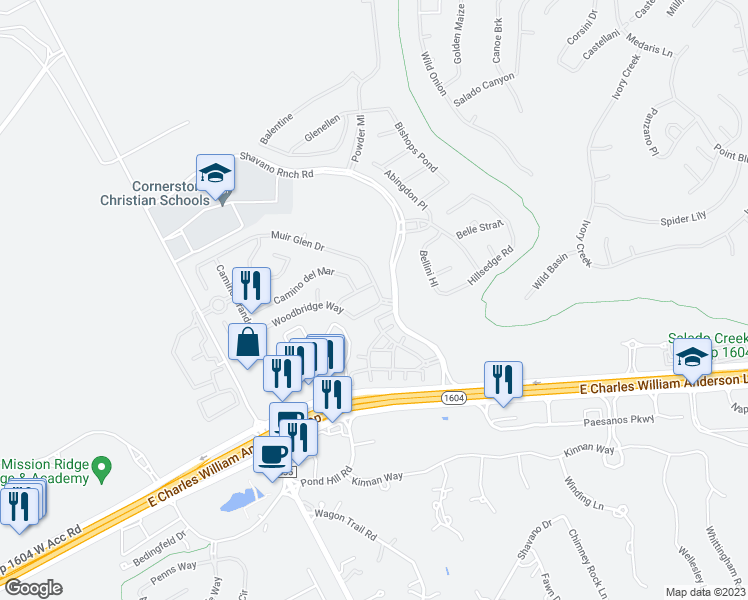 map of restaurants, bars, coffee shops, grocery stores, and more near 3907 Woodbridge Way in San Antonio