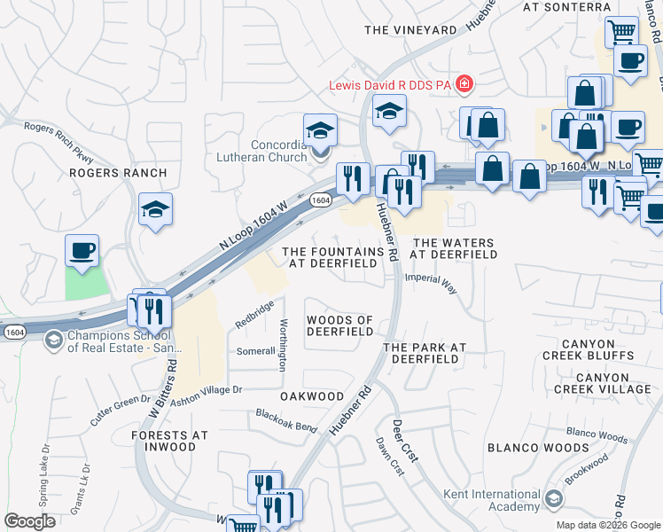 map of restaurants, bars, coffee shops, grocery stores, and more near 17322 Fountain View in San Antonio