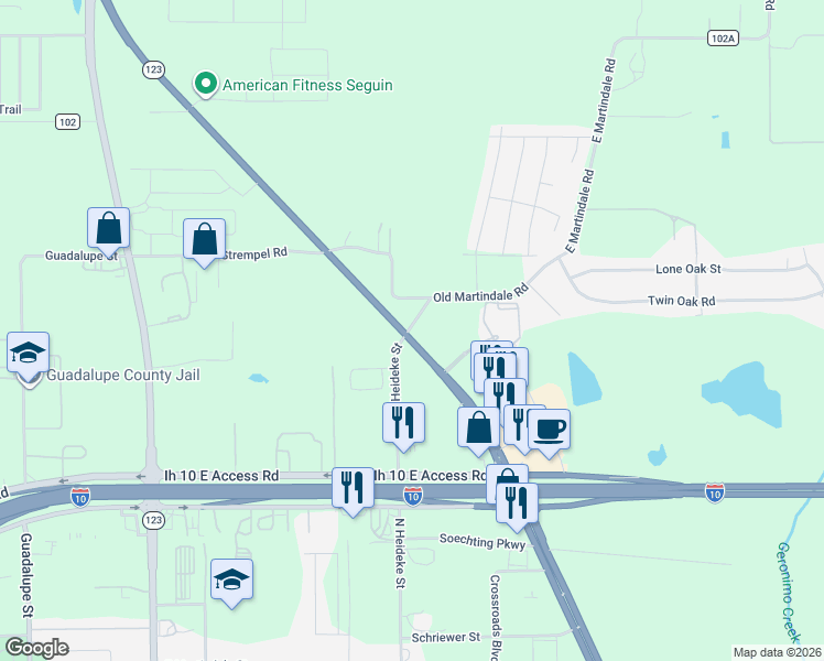 map of restaurants, bars, coffee shops, grocery stores, and more near 2001 East US Highway 90 in Seguin