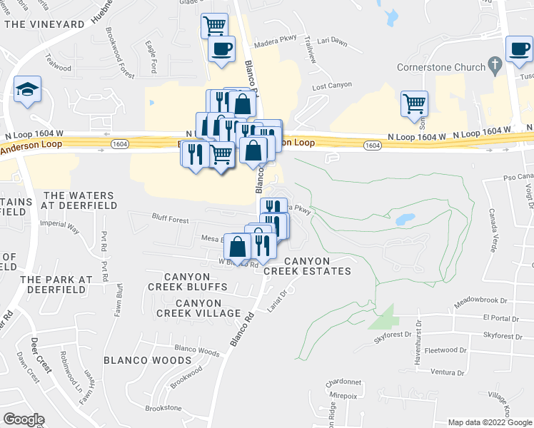 map of restaurants, bars, coffee shops, grocery stores, and more near 17890 Blanco Road in San Antonio