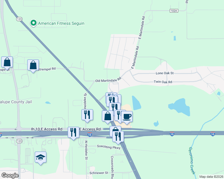 map of restaurants, bars, coffee shops, grocery stores, and more near 123 Texas 123 in Seguin