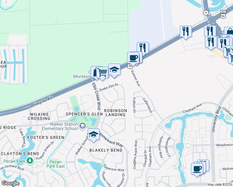 map of restaurants, bars, coffee shops, grocery stores, and more near 202 Needleleaf Lane in Sugar Land