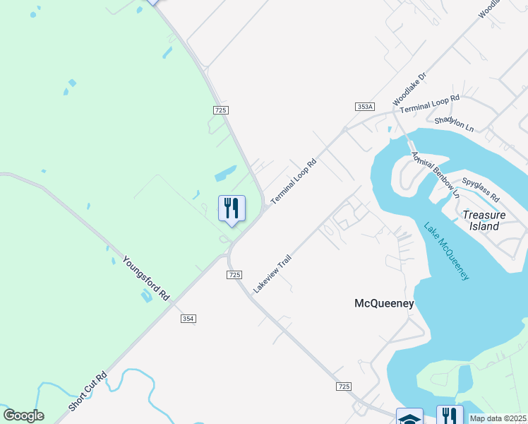 map of restaurants, bars, coffee shops, grocery stores, and more near FM 725 in Canyon Lake